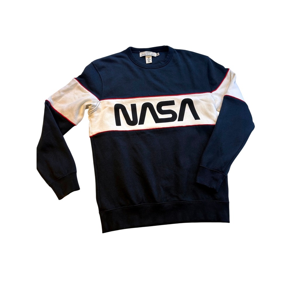 H&M LOGG NASA Graphic Sweatshirt Mens Medium Navy Blue Colorblock Crewneck